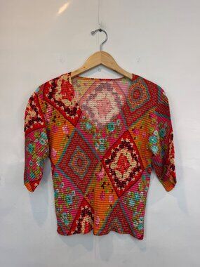 Kisca by Komarov Women's Textured Crinkle Knit V Neck Top Orange Floral L/XL